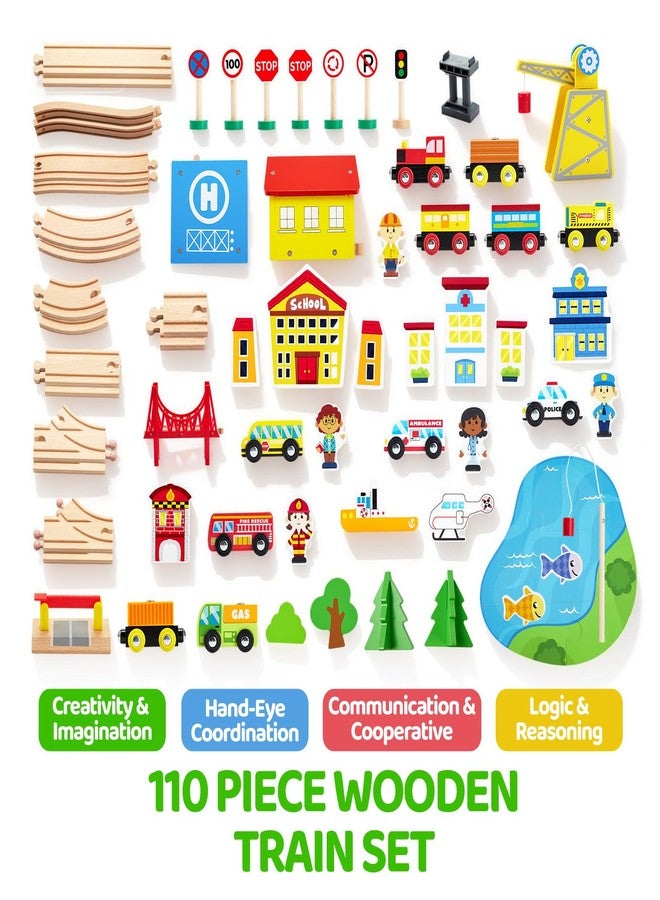 SYNCFUN 110PCS Wooden Train Set - Toy Magnetic Trains with Wooden Track Set for Kids Ages 3-8, City Scene Railway Set, Perfect Christmas Birthday Gift for Grandkids Toddlers Boys Girls - Image 3